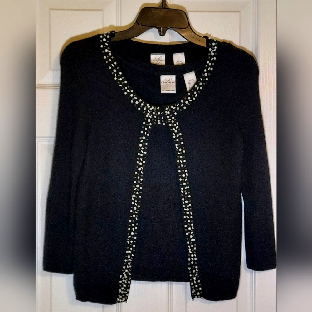 EMMA JAMES | SP Black 3/4 Sleeve Silk/Nylon Sweater Set w/White Embellishments.